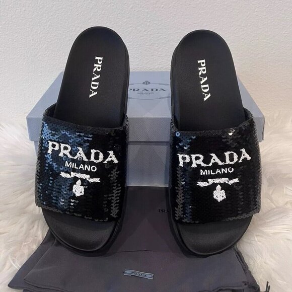 Prada Sequin Logo Paillettes Slide Monolith Plaque Lug Pool Flat 40 - Picture 1 of 10